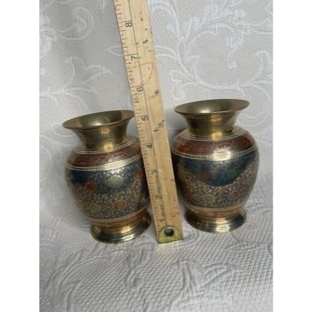 VTG Hand Engraving MultiFloral Set of 2 Mini Etched Brass Bud Vases 5” Tall Gold - Picture 3 of 14